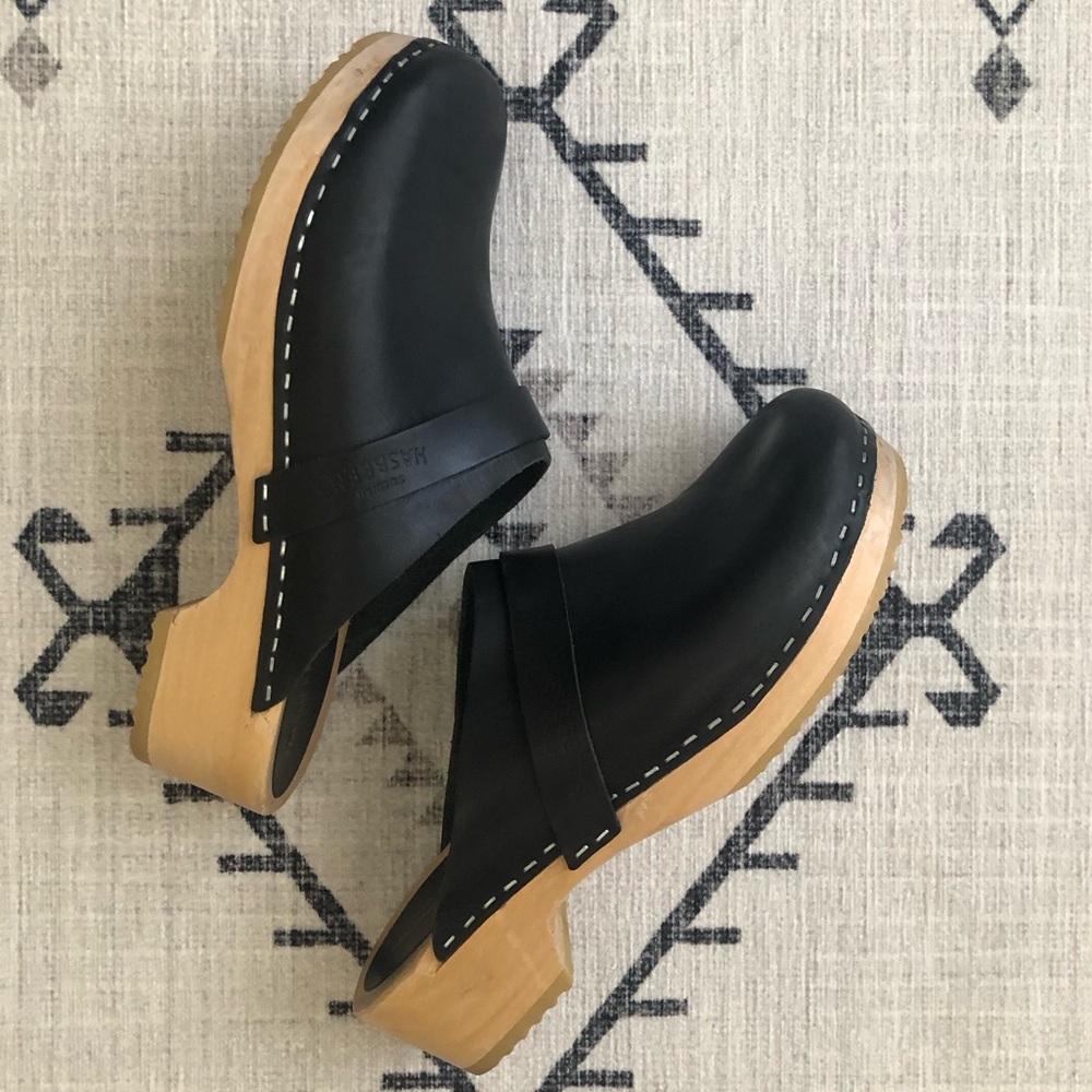 Swedish Hasbeens Leather Wooden Mule